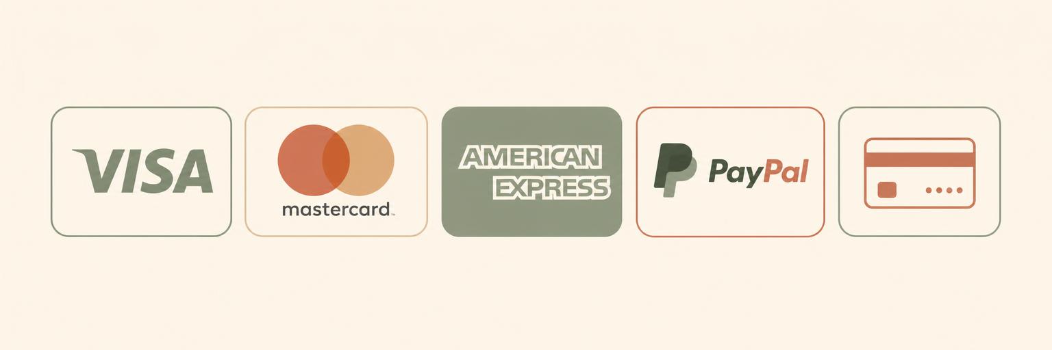 Métodos de pago disponibles: Visa, Mastercard, American Express, PayPal y tarjeta de crédito