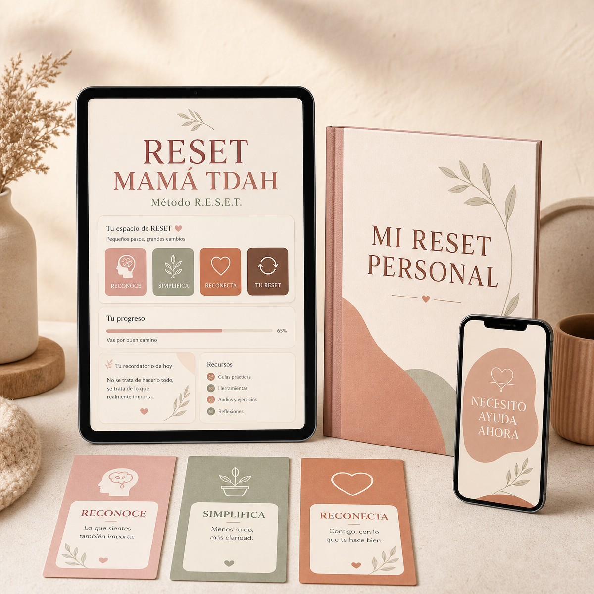 RESET MAMÁ TDAH en tablet, cuaderno Mi Reset Personal, tarjetas prácticas y ayuda inmediata en móvil